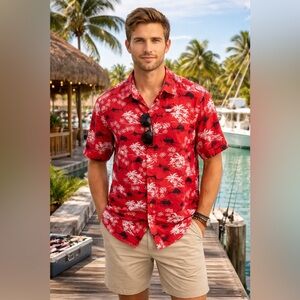 Columbia PFG Red Hawaiian Fish Print Button Up Fishing Shirt Short Sleeve Large